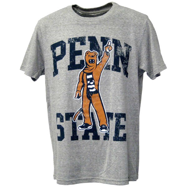 heather gray short sleeve t-shirt with distressed screen print Nittany Lion Mascot in front of Penn State